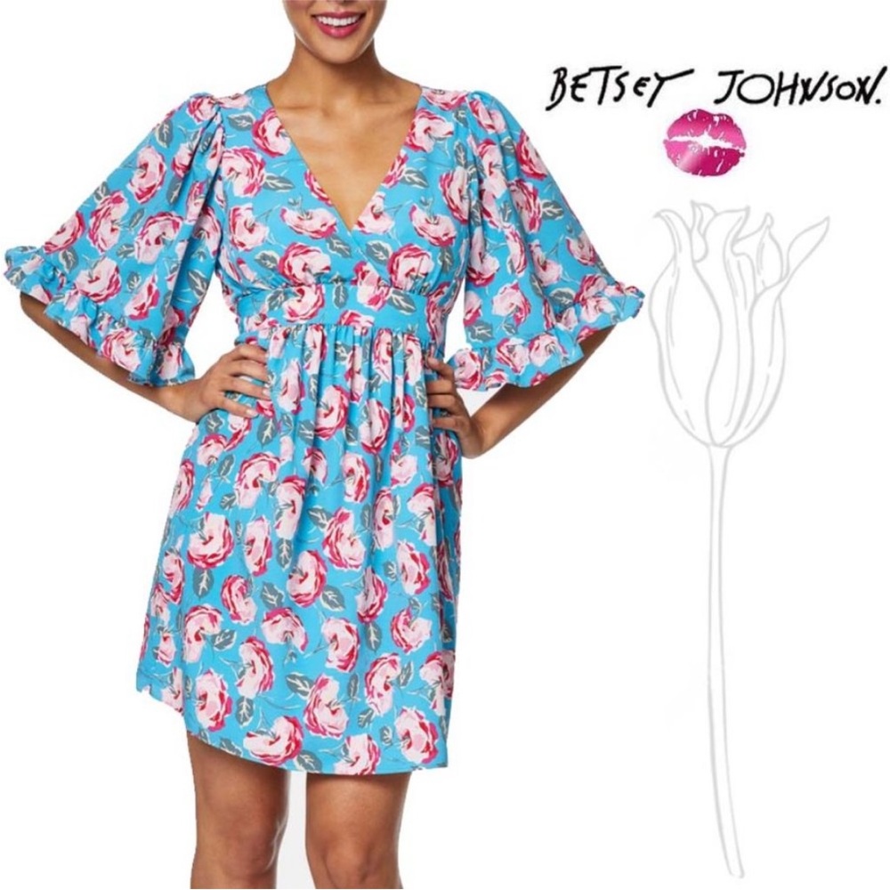 BETSEY JOHNSON Blue Floral Bell Sleeve V Neck Mini Sheath Dress  8